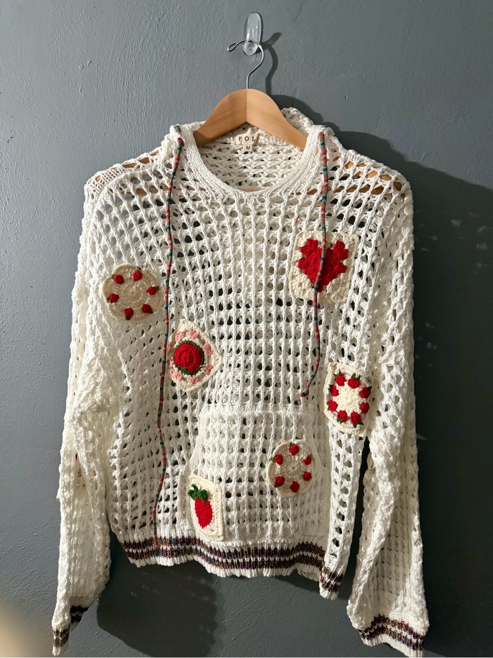 POL Cream Crochet Sweater with Red & Green Fruit Appliqués